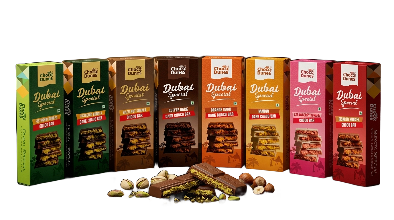 All eight ChocoDunes Dubai Special Kunafa Choco Bar flavours