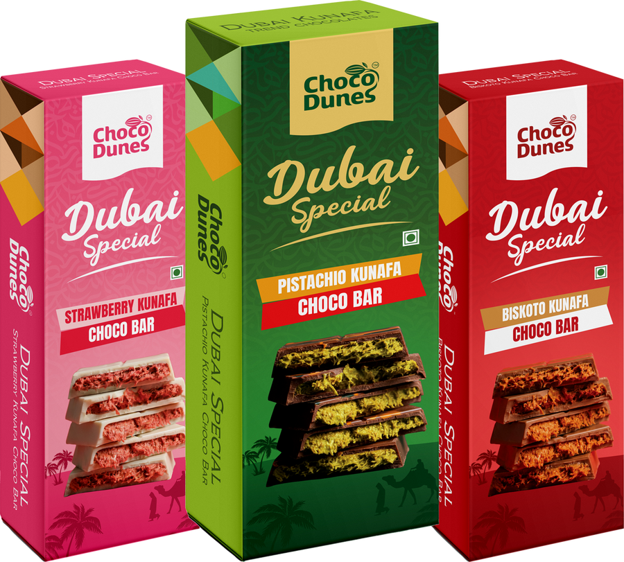 ChocoDunes Pistachio, Biskoto and Strawberry Kunafa Choco Bars